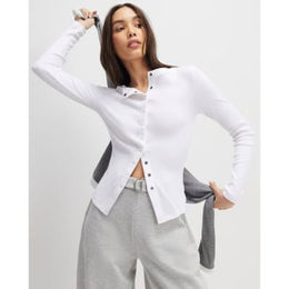 White Long Sleeve Ribbed Popper Top