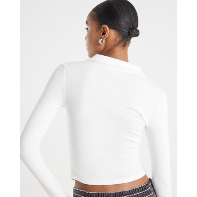 White Long Sleeve Ruched Ribbed Polo Top