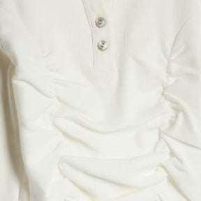 White Long Sleeve Ruched Ribbed Polo Top