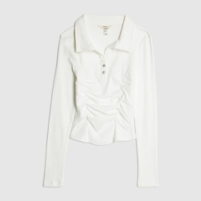 White Long Sleeve Ruched Ribbed Polo Top