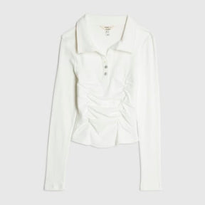 White Long Sleeve Ruched Ribbed Polo Top