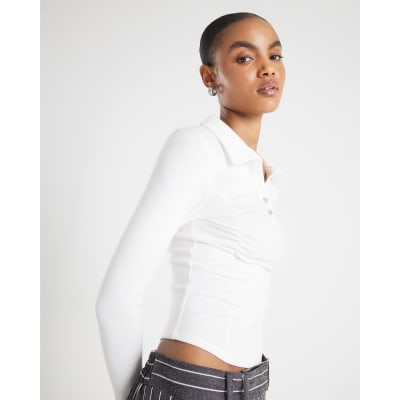 White Long Sleeve Ruched Ribbed Polo Top