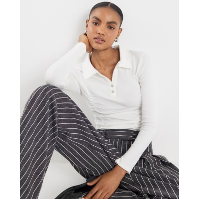 White Long Sleeve Ruched Ribbed Polo Top