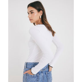 White Long Sleeve Scallop Trim Top