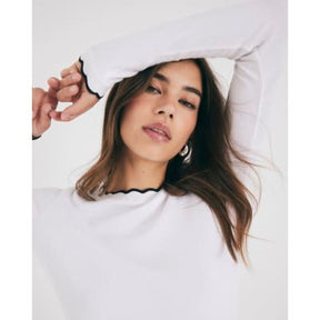 White Long Sleeve Scallop Trim Top