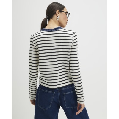 White Long Sleeve Striped Denim Mix Cardigan