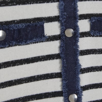 White Long Sleeve Striped Denim Mix Cardigan