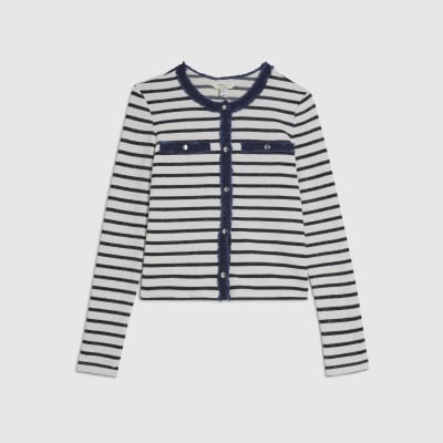 White Long Sleeve Striped Denim Mix Cardigan