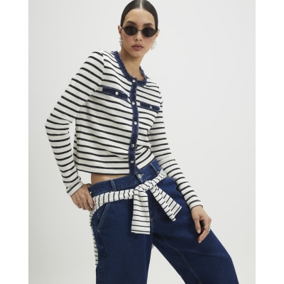 White Long Sleeve Striped Denim Mix Cardigan