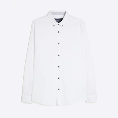 White Long Sleeve Textured Muscle Fit Shirt
