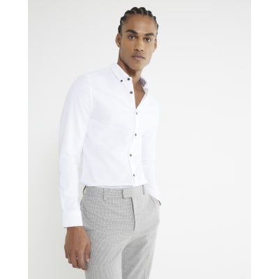 White Long Sleeve Textured Muscle Fit Shirt