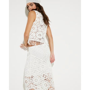 White Maxi Fringe Crochet Skirt