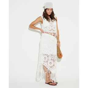 White Maxi Fringe Crochet Skirt