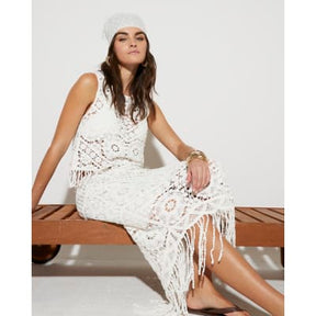 White Maxi Fringe Crochet Skirt