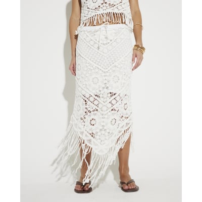White Maxi Fringe Crochet Skirt