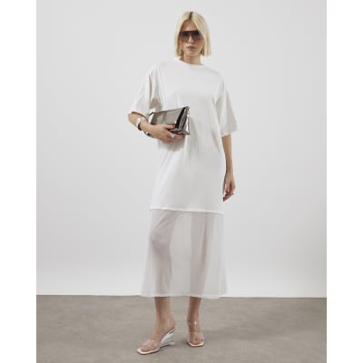 White Mesh Hybrid T-shirt Midi Dress