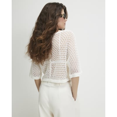 White Open Stitch Knitted T-Shirt