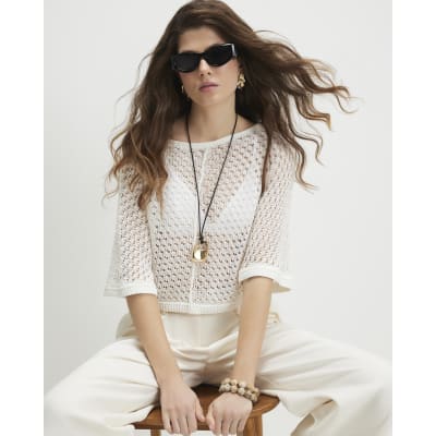 White Open Stitch Knitted T-Shirt