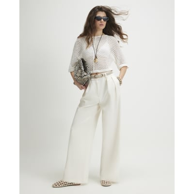 White Open Stitch Knitted T-Shirt