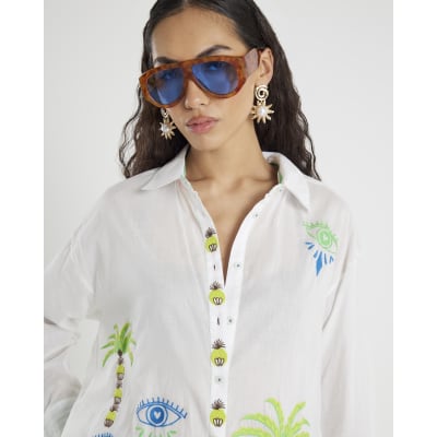 White Palm Tree Embroidered Shirt