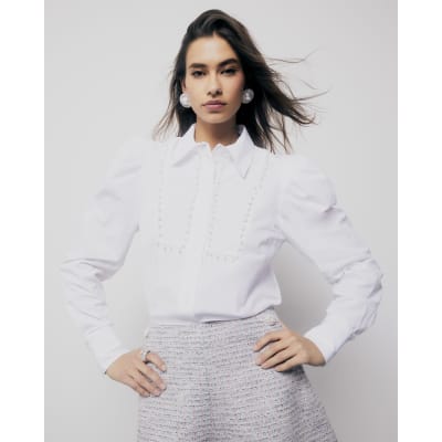 White Pearl Detail Long Sleeve Shirt