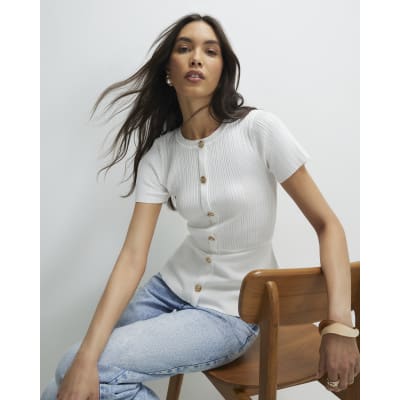 White Peplum Ribbed Knitted Top