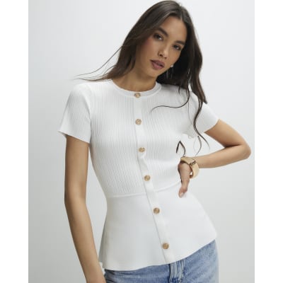 White Peplum Ribbed Knitted Top