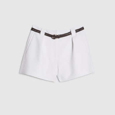 White Plaited Belted Shorts