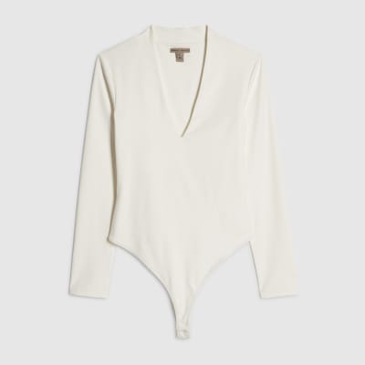 White Plunge Neckline Long Sleeve Bodysuit