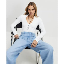 White Plunge Neckline Long Sleeve Bodysuit