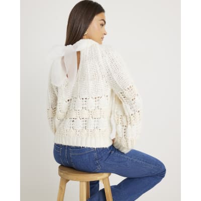 White Pointelle Knitted Bow Back Jumper