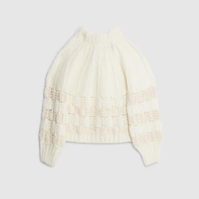White Pointelle Knitted Bow Back Jumper