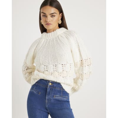 White Pointelle Knitted Bow Back Jumper
