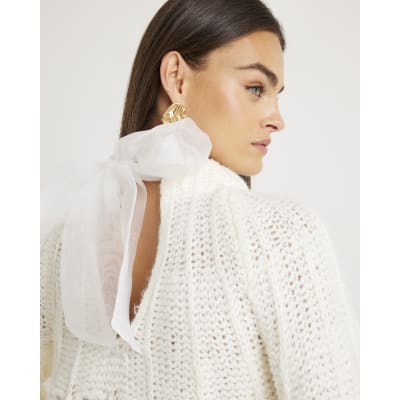 White Pointelle Knitted Bow Back Jumper