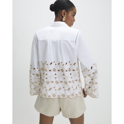White Poplin Broderie Hem Shirt