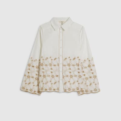 White Poplin Broderie Hem Shirt