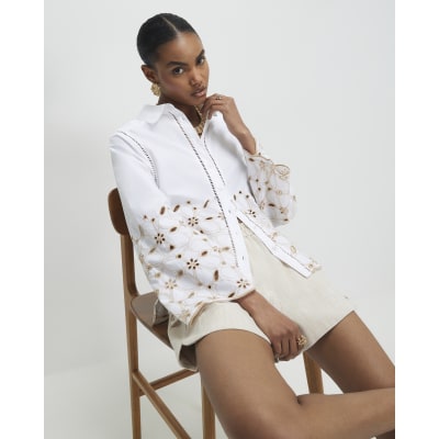 White Poplin Broderie Hem Shirt