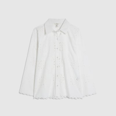 White Poplin Long Sleeve Broderie Shirt