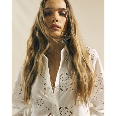 White Poplin Long Sleeve Broderie Shirt