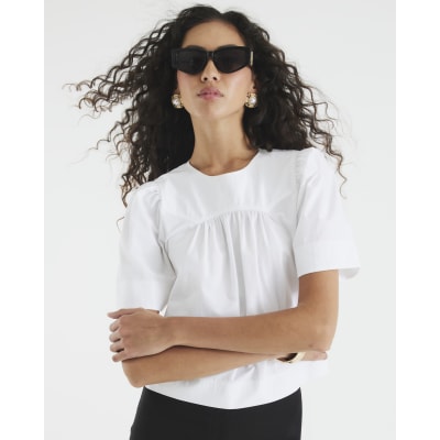 White Poplin Short Sleeve Smock Top