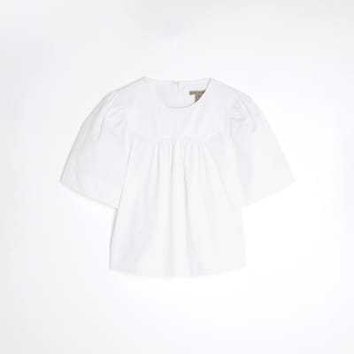 White Poplin Short Sleeve Smock Top