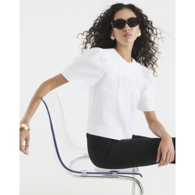 White Poplin Short Sleeve Smock Top