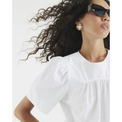 White Poplin Short Sleeve Smock Top