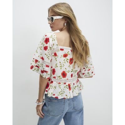 White Poppy Print Blouse