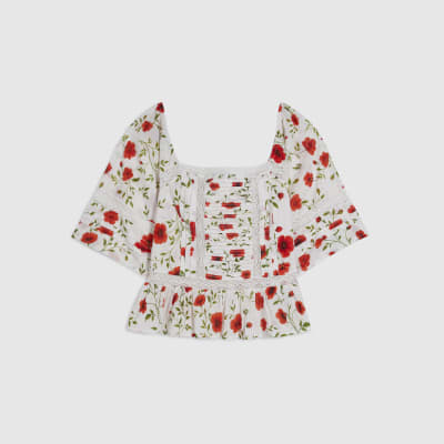 White Poppy Print Blouse