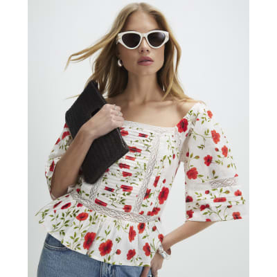 White Poppy Print Blouse