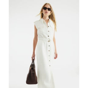 White Premium Midi Utility Shirt Dress
