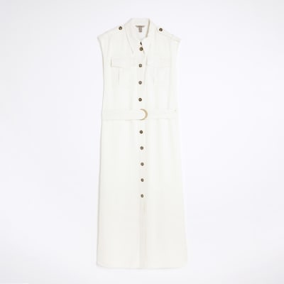 White Premium Midi Utility Shirt Dress
