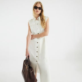 White Premium Midi Utility Shirt Dress