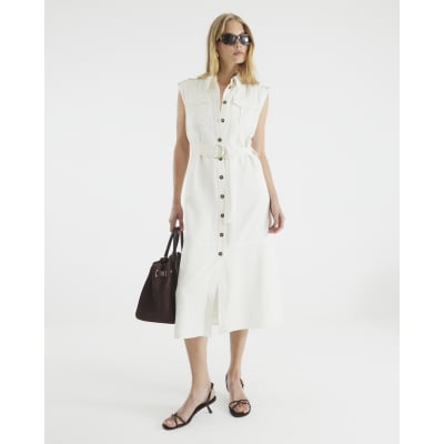 White Premium Midi Utility Shirt Dress